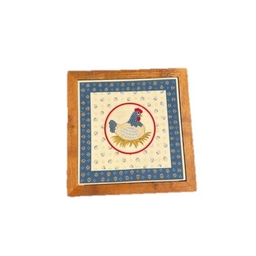 Country Hen Tile Wall Trivet Wood Framed Chicken on Nest Farmhouse Kitchen Decor
